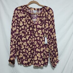 Nine West Animal Print Blouse Long Sleeve Tie Neck Top Plum Purple L‎